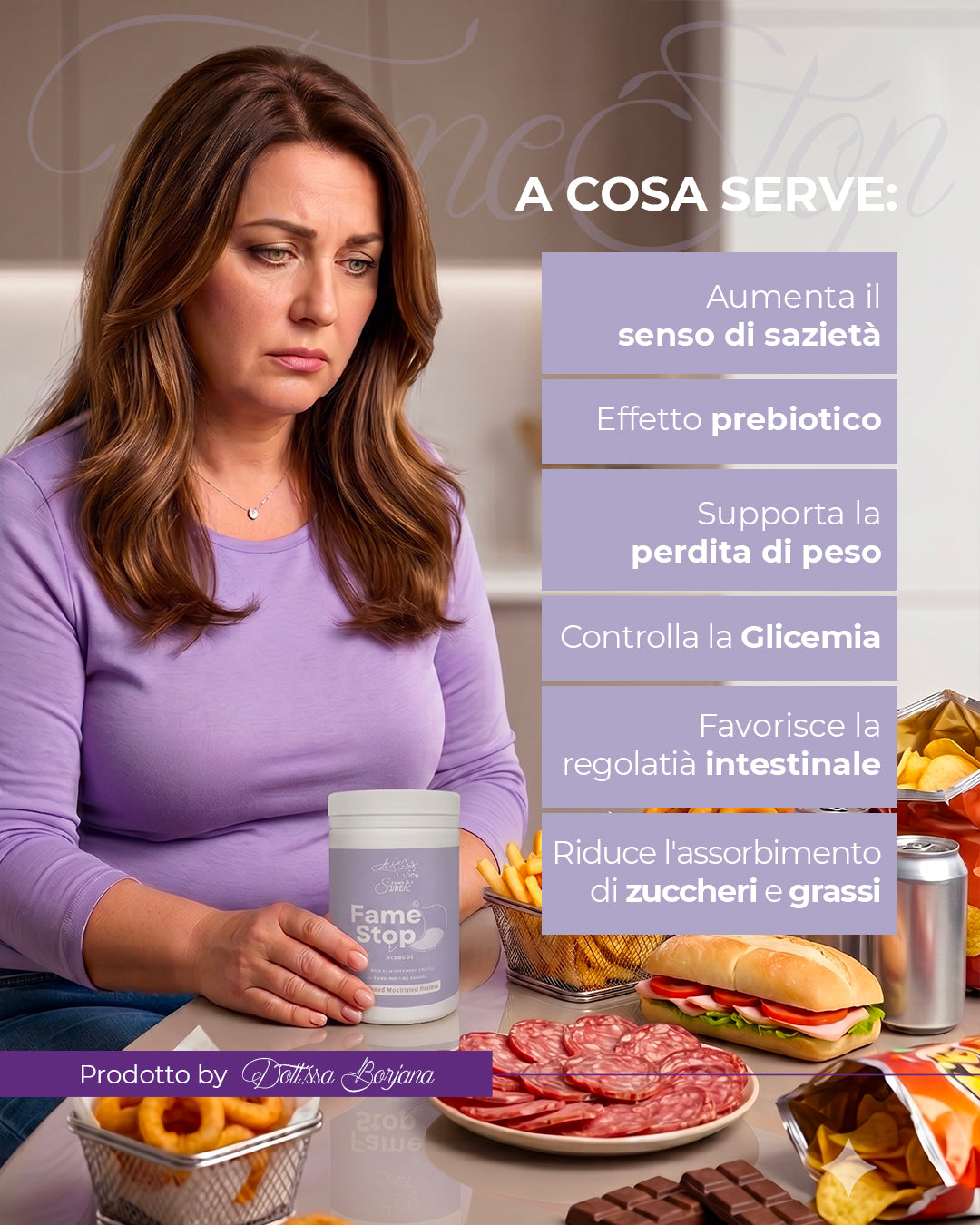 A cosa serve Fame Stop: aumenta il senso di sazietà e supporta controllo del peso e regolarità intestinale	