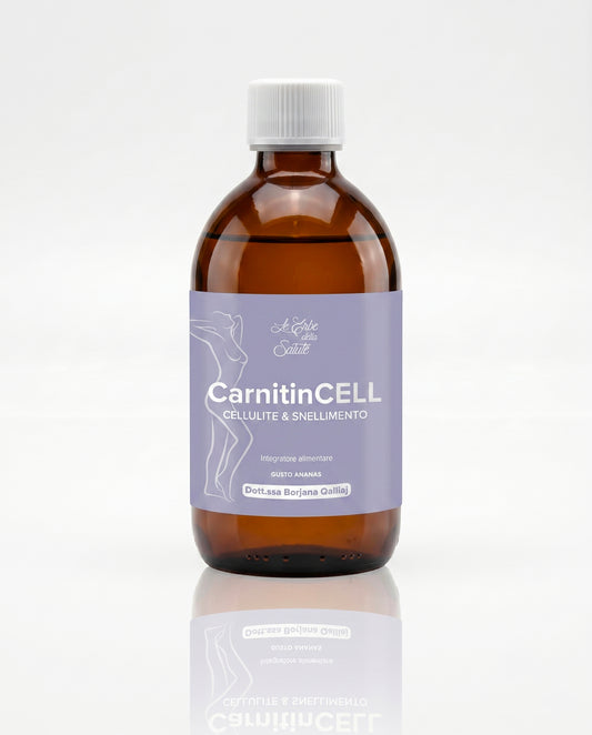 Flacone di CarnitinCELL, integratore liquido con carnitina per cellulite e snellimento