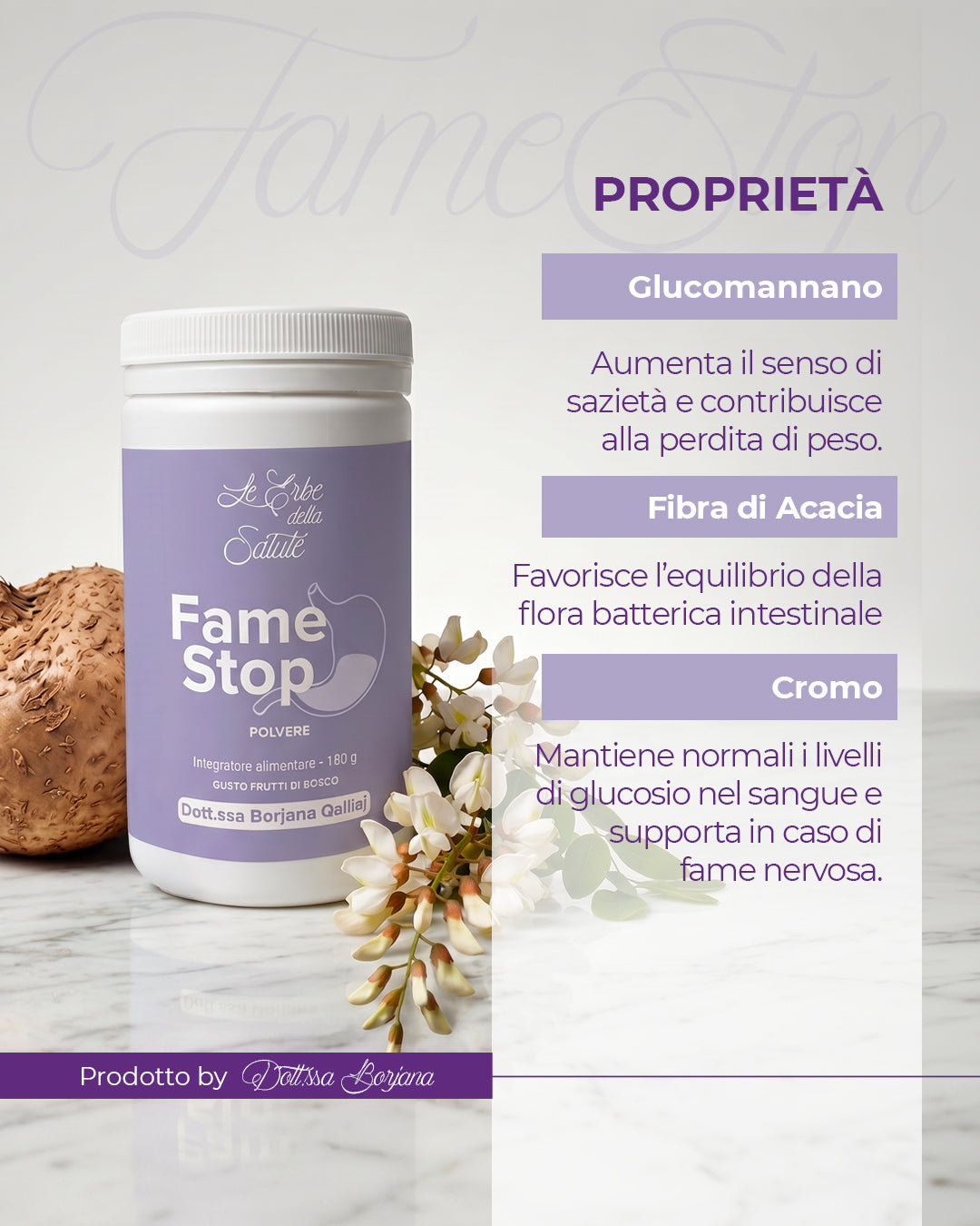 Proprietà di Fame Stop: glucomannano per la sazietà, fibra di acacia e cromo contro la fame nervosa