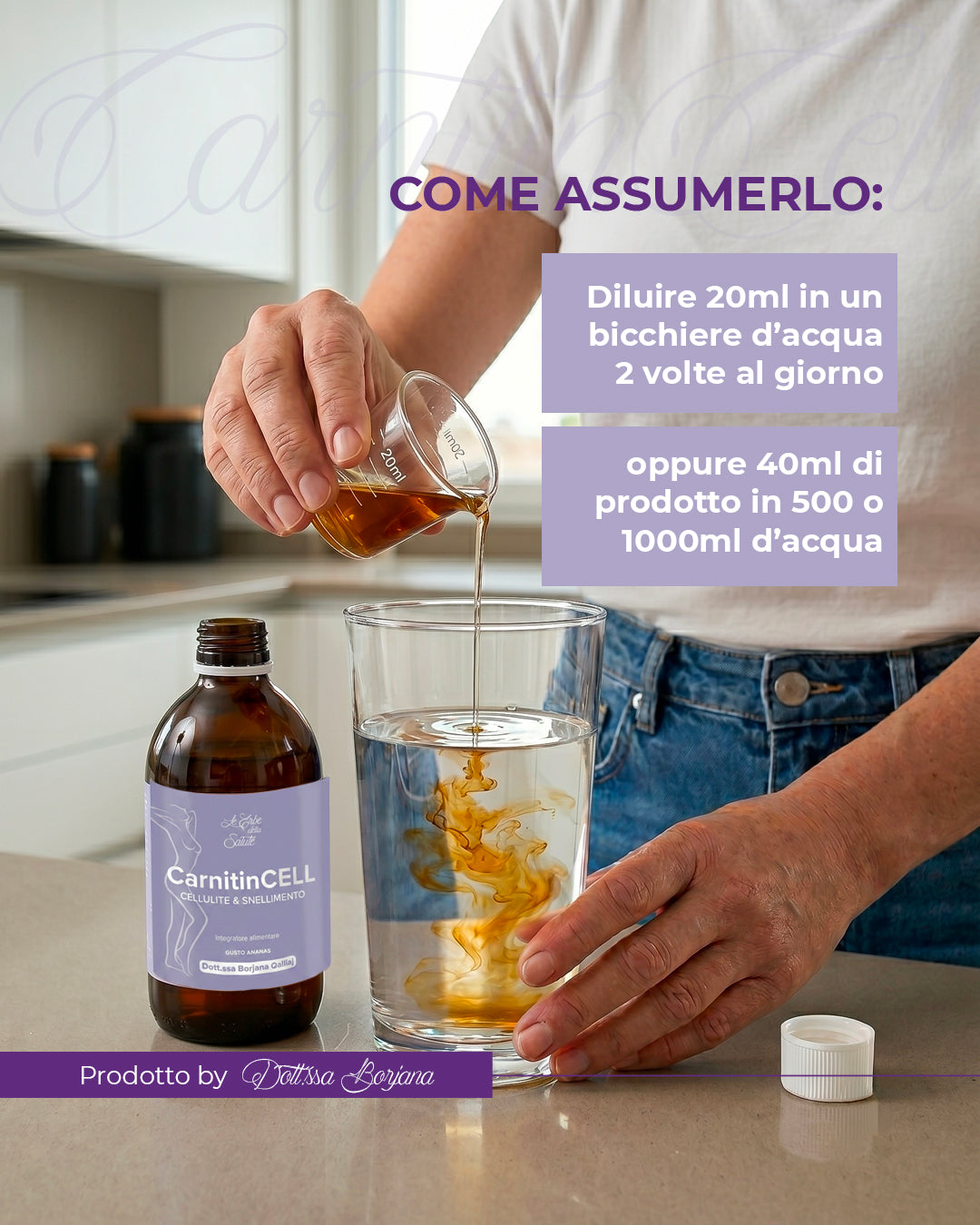 Come assumere CarnitinCELL: 20 ml diluiti in un bicchiere d'acqua due volte al giorno