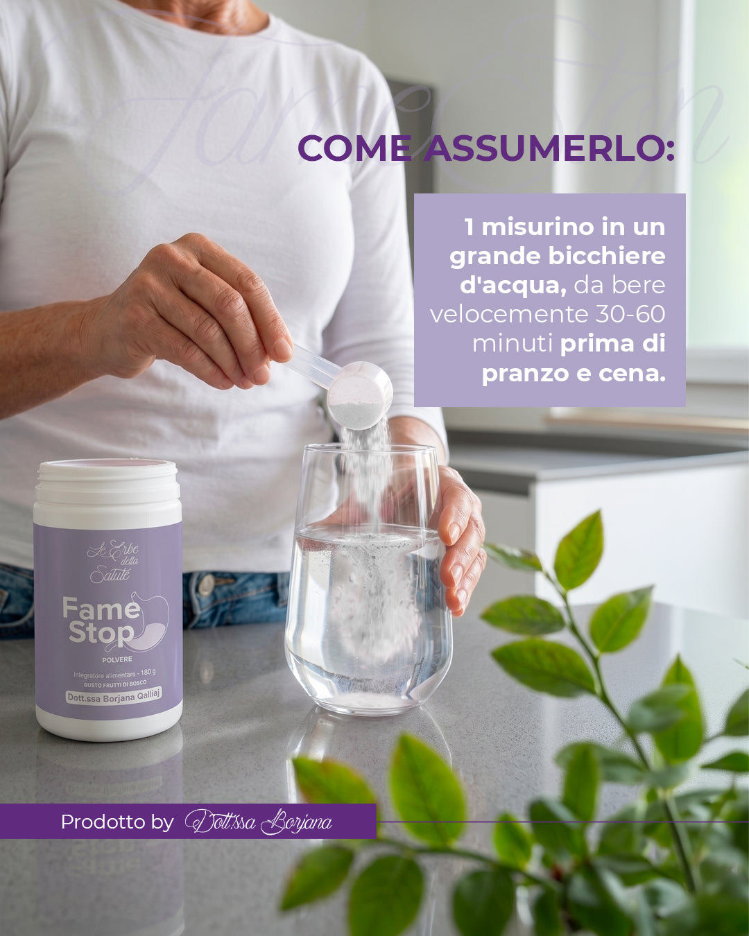 Come assumere Fame Stop: un misurino in un grande bicchiere d'acqua, 30-60 minuti prima di pranzo e cena